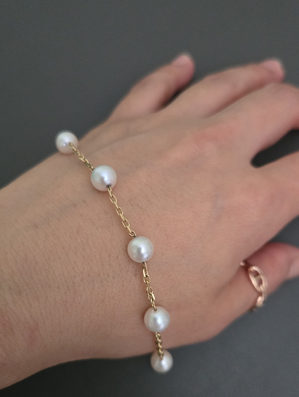 14K Gold Pearl Station Bracelet - White Pearls